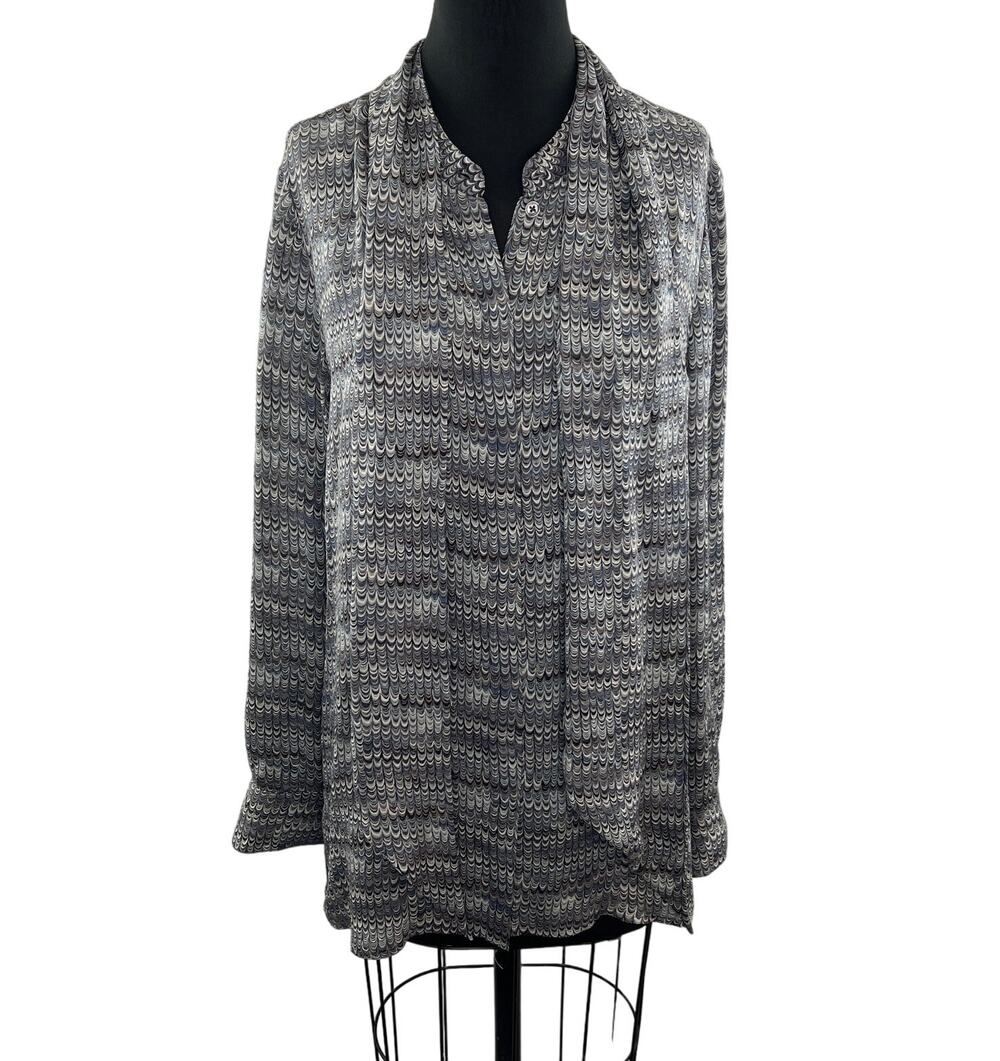 TORY BURCH Tie-Neck Gray Marble Print Silk Blouse Long Sleeves Relaxed Fit Sz M